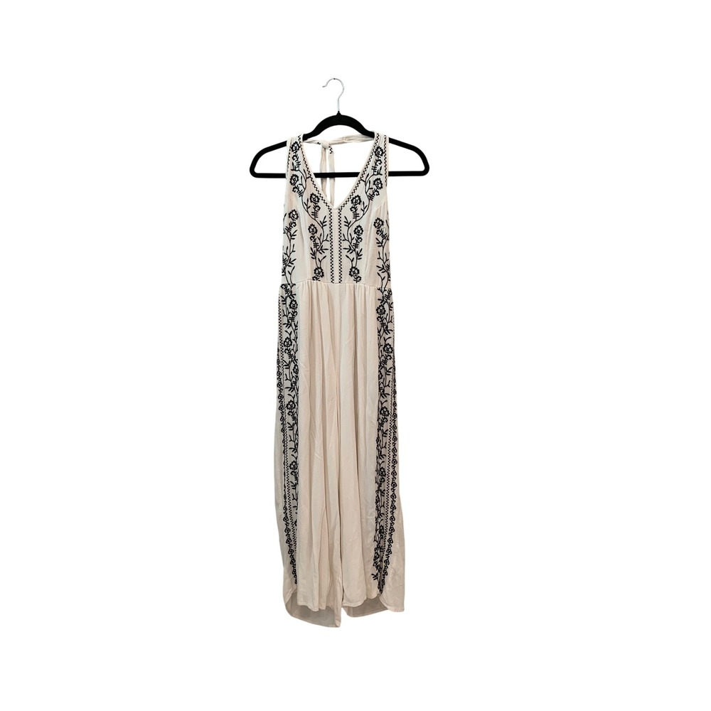 American Eagle Jumpsuit Small Cream Excellent Boho Floral Embroidered Halter